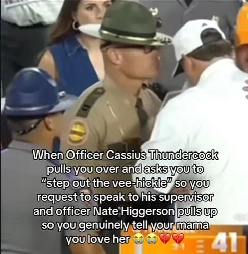 One of the earliest viral meme captions coining the fictional names 'Officer Cassius Thundercock' and 'Officer Nate Higgerson' for the pair of troopers.