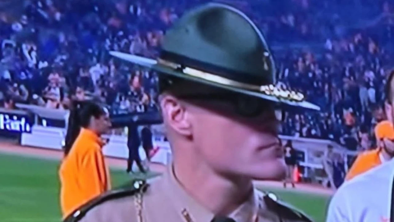The viral image of the Tennessee state trooper who became known online as 'Officer Cassius Thundercock'.