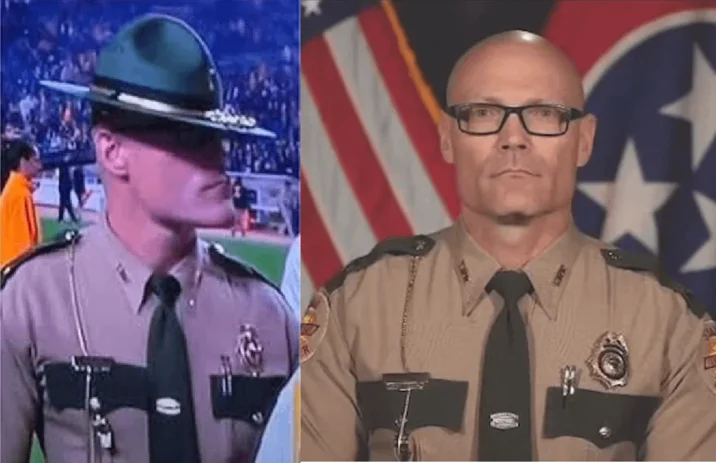 A comparison image circulated online contrasting the viral 'Cassius Thundercock' trooper with another Tennessee Highway Patrol officer often confused with him.