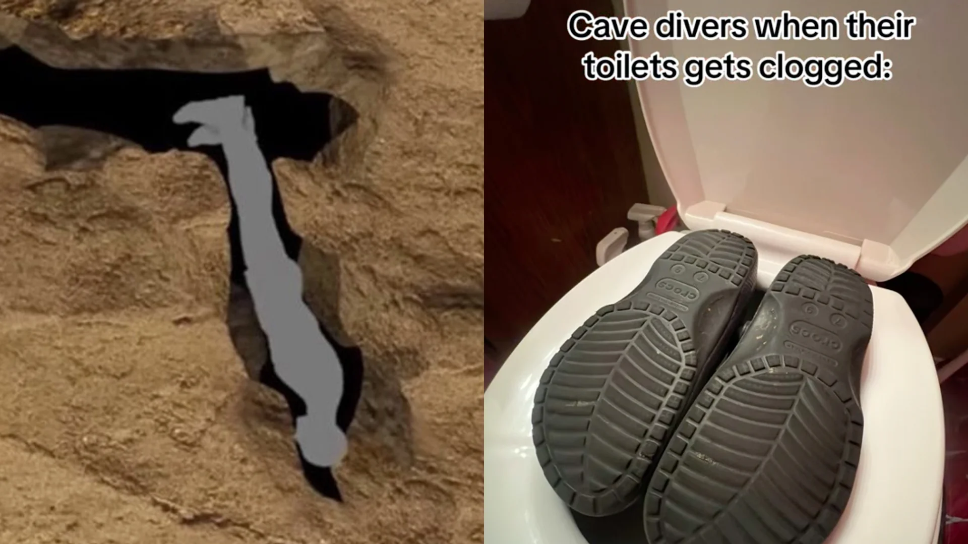 A composite header image pairing the infamous Nutty Putty Cave diagram with a Crocs-in-toilet joke, illustrating the 'cave diver' meme format.