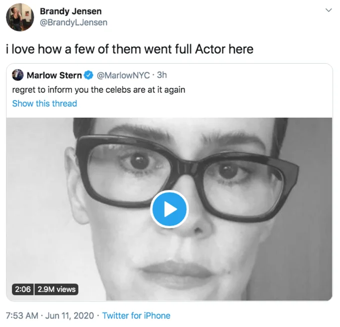 Tweet mocking over-acting in celebrity PSA.