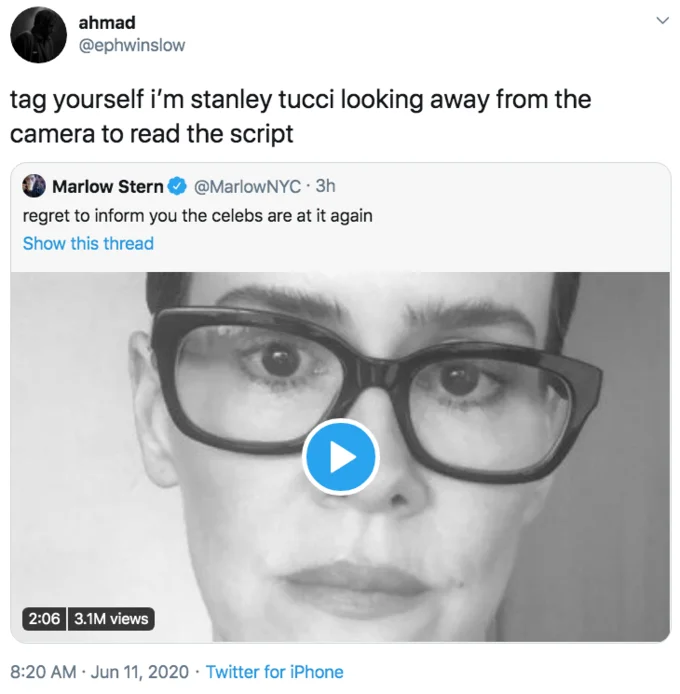 Mocking celebrities clearly reading scripted lines.