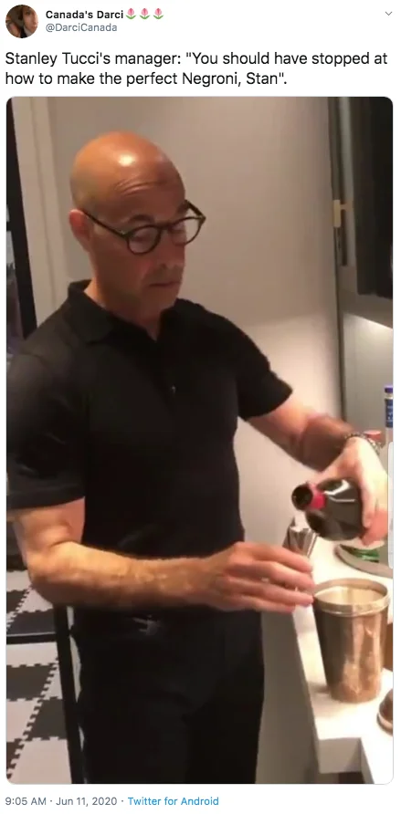 Joke about Tucci's cocktail content versus PSA.