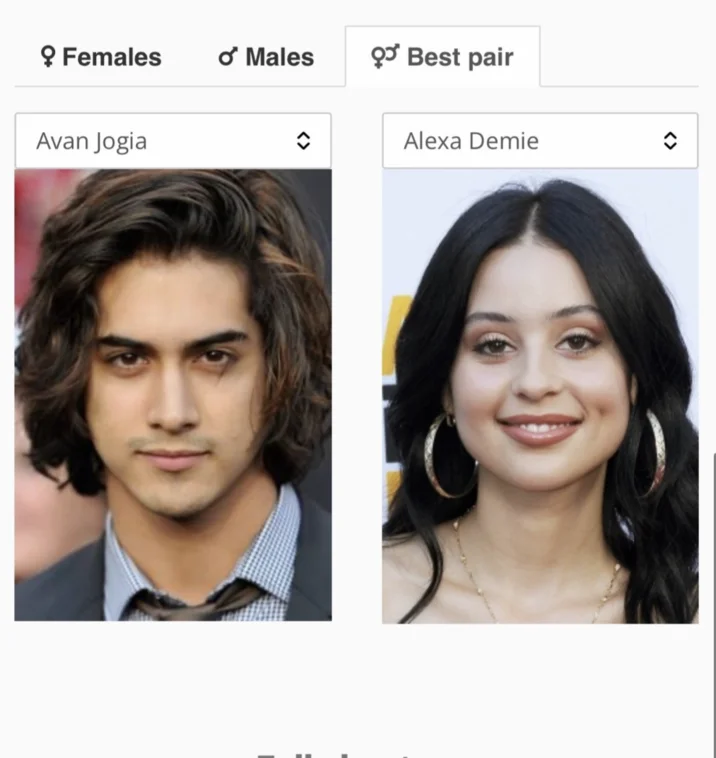 A Best pair result pairing Avan Jogia and Alexa Demie, an example output from the look-alike quiz that fueled the trend.