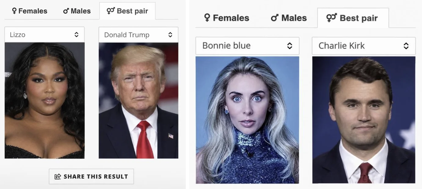 A composite of viral 'Best pair' results generated by a celebrity look-alike quiz, one of the defining formats of the celebrity look-alike trend.