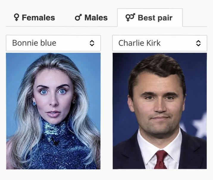 A Best pair result pairing Bonnie Blue and Charlie Kirk, one of the viral outputs powering the celebrity look-alike trend.