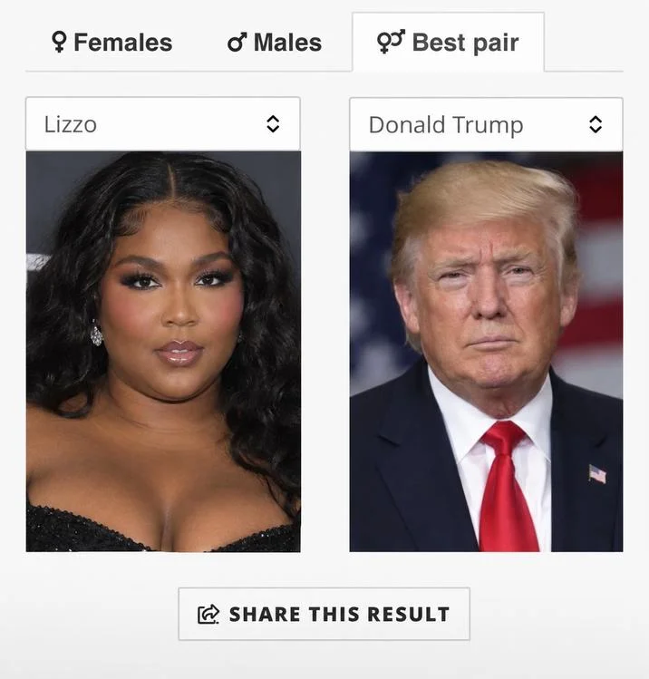 A widely shared Best pair output from the celebrity look-alike quiz, pairing Lizzo and Donald Trump.