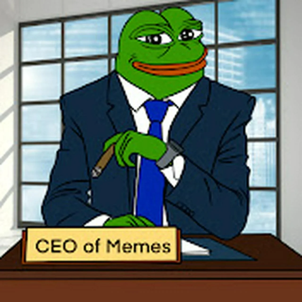 Pepe as CEO of Memes at desk.