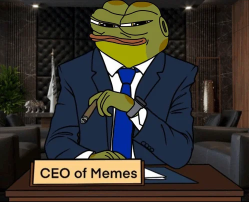 Pepe CEO of Memes in fancy office.