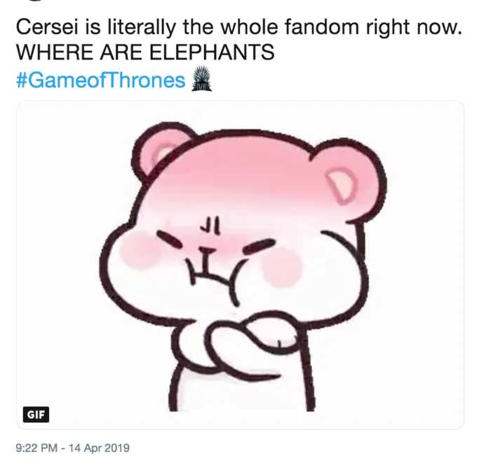 A fan tweet capturing the widespread reaction to Cersei's elephant obsession during the Season 7 airing.