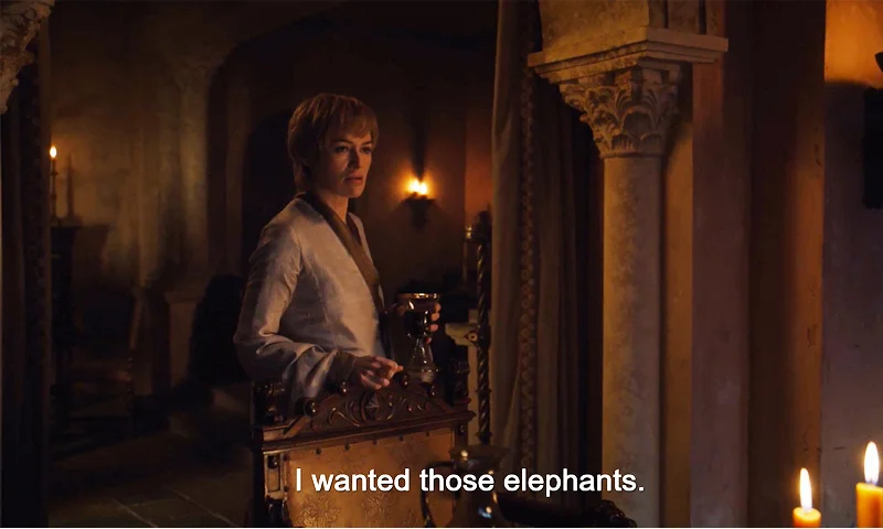 The original scene from Game of Thrones Season 7 where Cersei Lannister expresses her disappointment about not receiving elephants from the Golden Company.