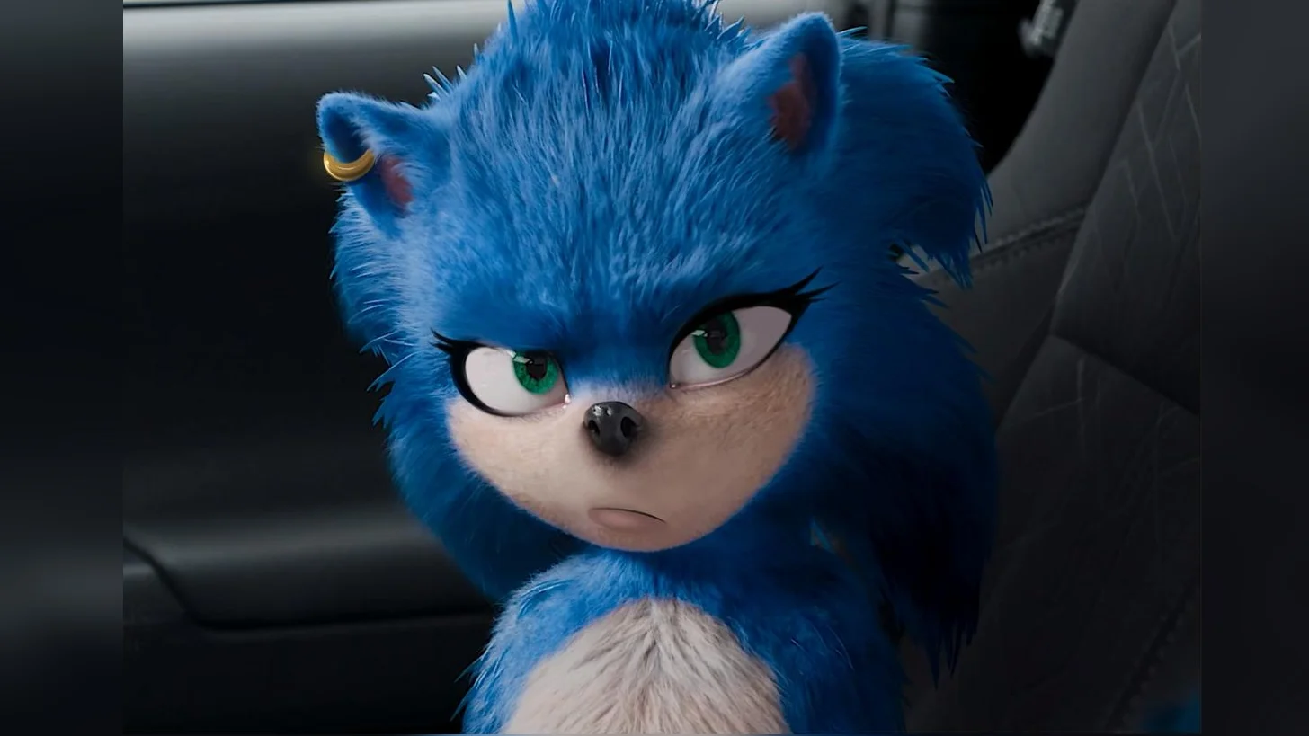 The original CGI design of Sonic from the 2019 movie trailer that sparked the widespread wave of fan edits and parodies.