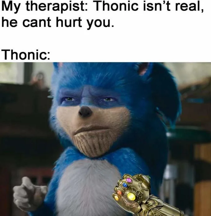 A viral 'Thonic' edit merging the CGI Sonic design with Thanos, following the popular therapist meme format.