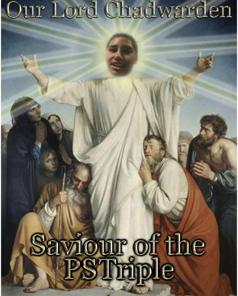 A fan-made parody image depicting Chad Warden as a religious figure, referencing his fervent defense of the PlayStation 3.