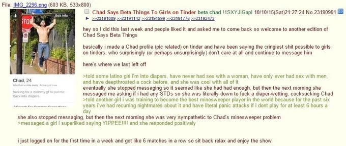 Blog post documenting chadfishing incident.