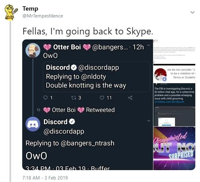 A viral reaction tweet mocking Discord's official account interactions with furry users during the #ChangeDiscord controversy.