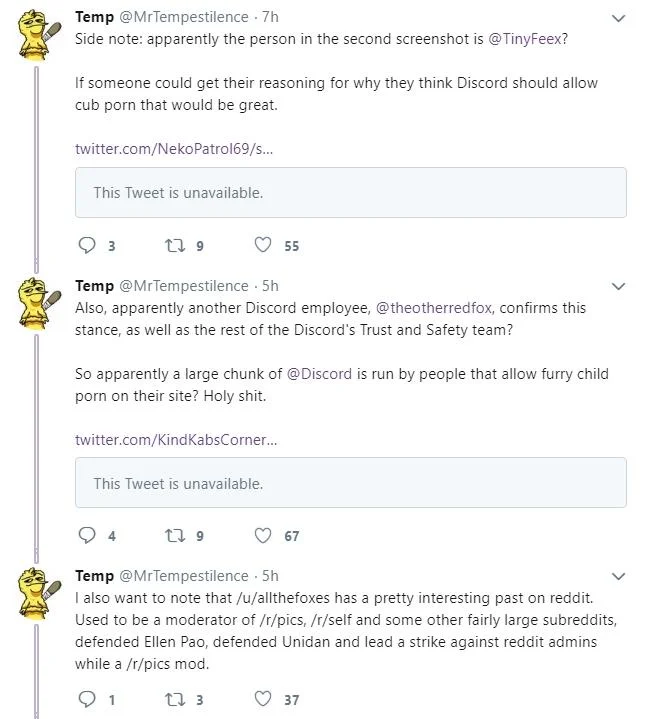Screenshots of the Twitter thread that helped ignite the #ChangeDiscord campaign by naming Discord moderators involved in the controversy.