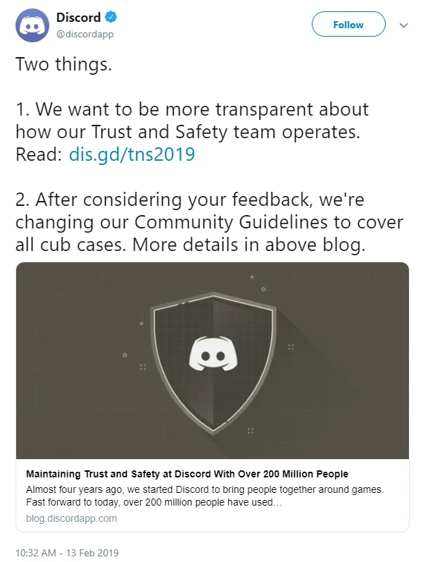 Discord's official response tweet updating its Community Guidelines, issued in reaction to the #ChangeDiscord campaign.