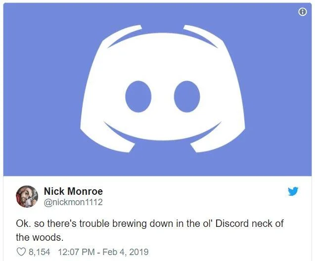 Journalist Nick Monroe's early February 2019 tweet drawing wider attention to the Discord moderation controversy behind #ChangeDiscord.