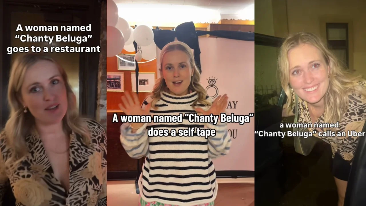 A collage of TikTok clips showcasing the signature 'A woman named Chanty Beluga...' narration format that defined the meme.