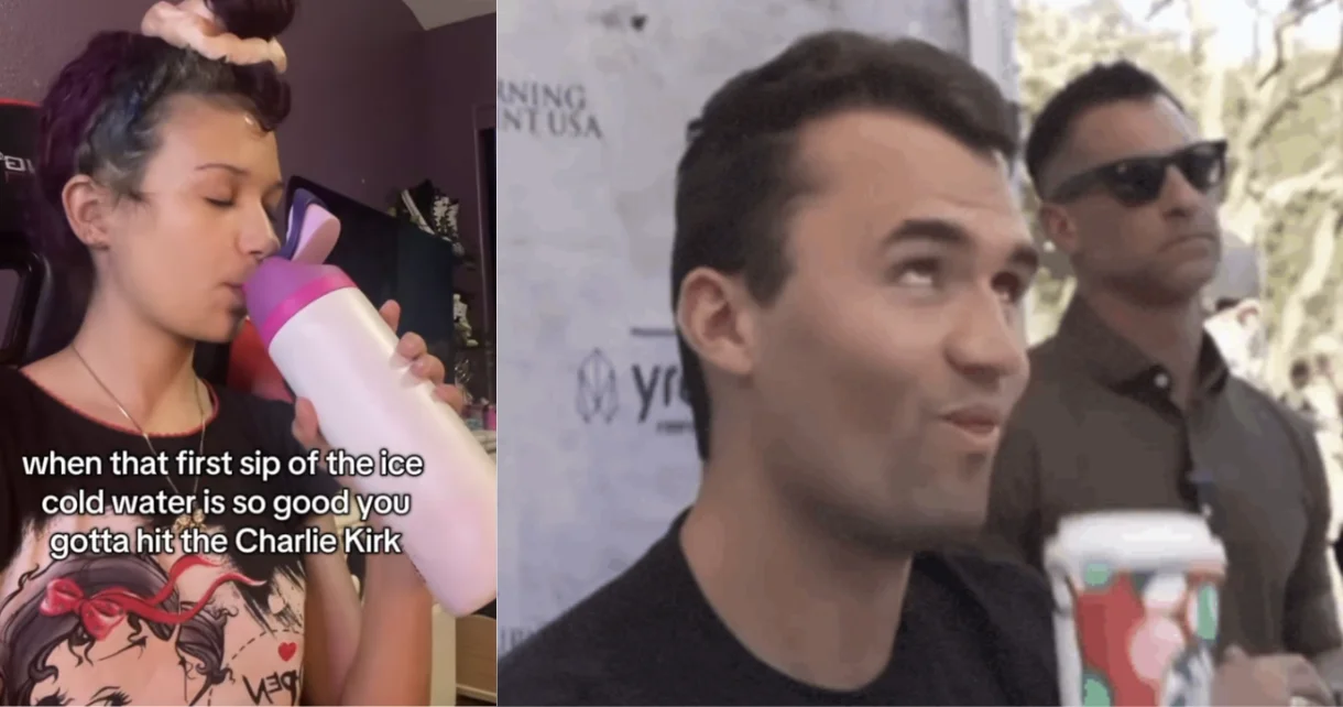 The viral side-by-side comparing a TikToker's dramatic water sip to Charlie Kirk's iconic coffee-sip moment.