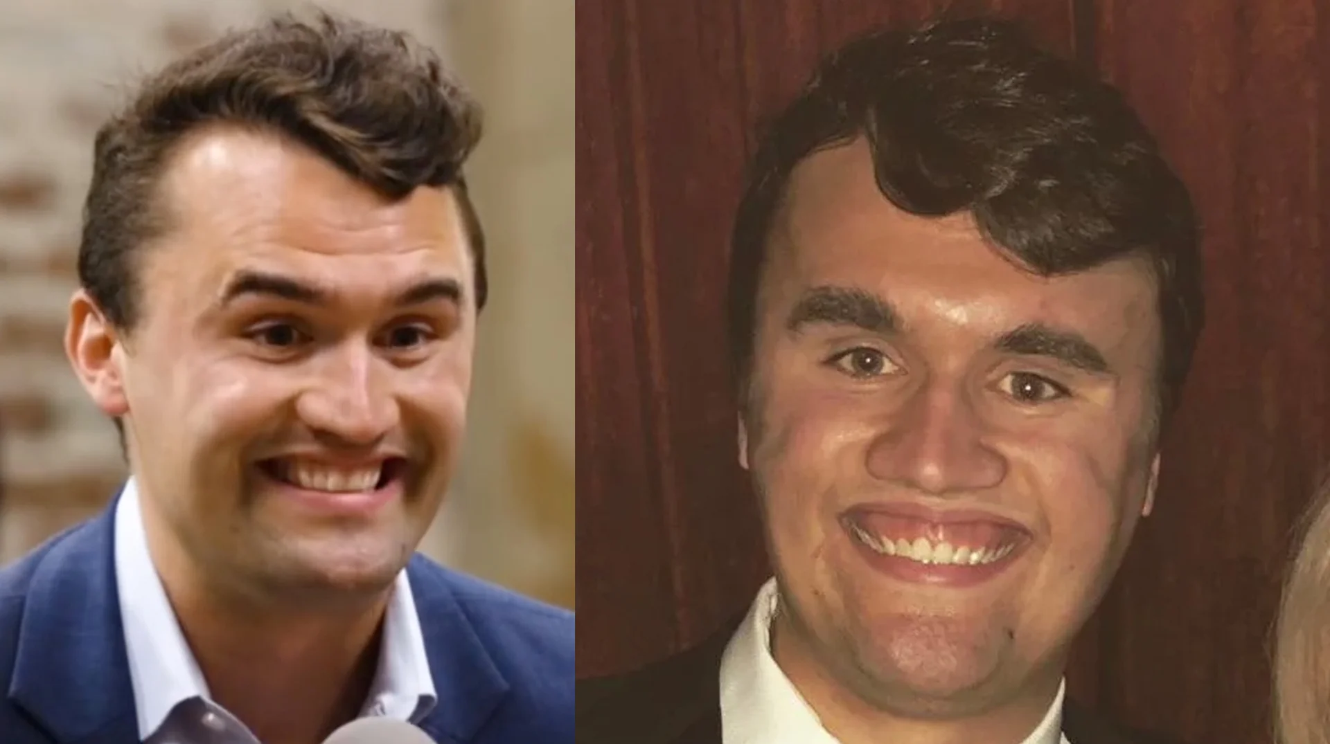 The composite image commonly used to illustrate the 'Charlie Kirk smile' meme, contrasting a normal photo with the widely mocked distorted-looking version.