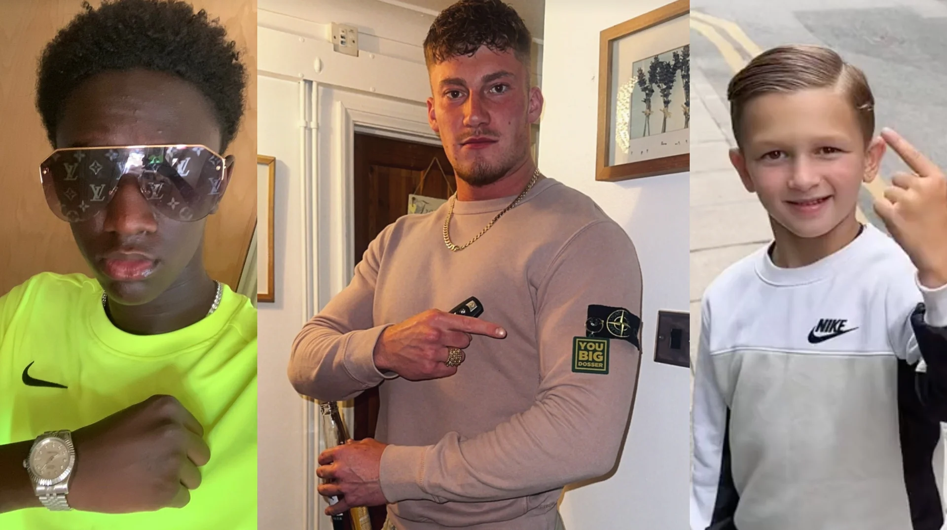 A collage of typical 'charva' or chav fashion, featuring tracksuits, gold chains, designer sunglasses and branded sportswear associated with the British working-class youth subculture.