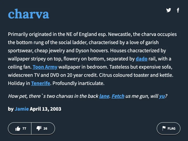 A 2003 Urban Dictionary definition of 'charva' describing the North East England subculture characterised by sportswear, cheap jewelry and inarticulate speech.