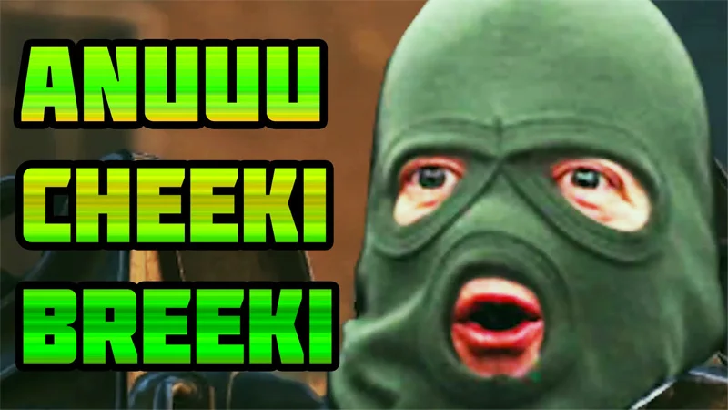A viral thumbnail-style image of a S.T.A.L.K.E.R. bandit shouting the infamous 'A nu cheeki breeki' battle cry.
