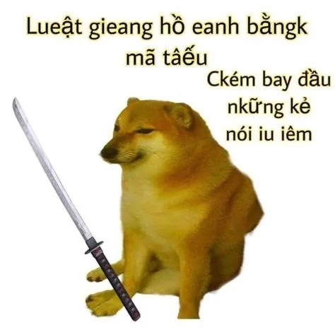 Anxious Cheems with sword and foreign text.