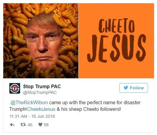 Stop Trump PAC promoting the '#CheetoJesus' hashtag with a Trump-and-Cheetos graphic, June 16, 2016.