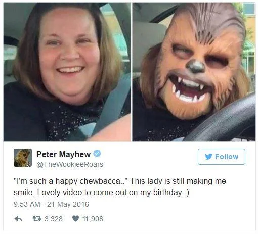 Peter Mayhew, the original Chewbacca actor, tweeted his appreciation for Candace Payne's viral video on 21 May 2016, helping cement its cultural impact.
