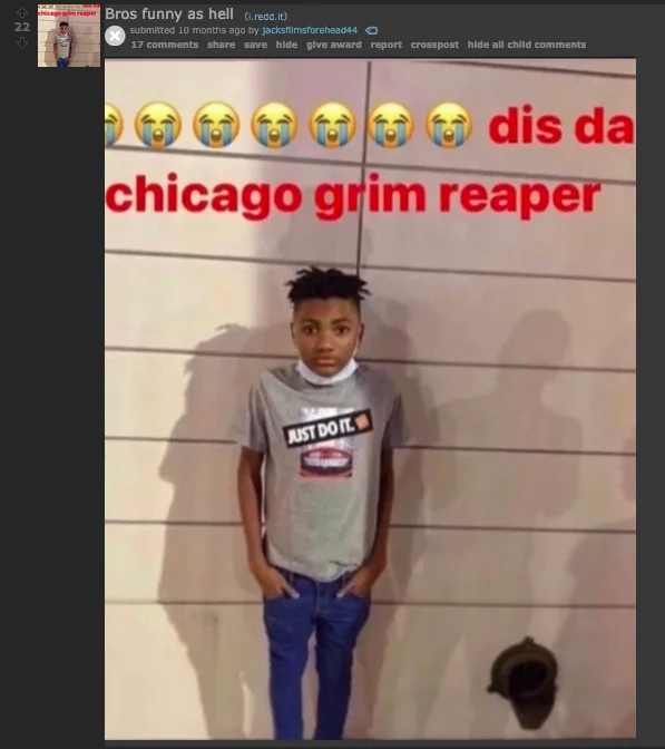 A viral Reddit post applying the 'Chicago Grim Reaper' caption to an unrelated photo, illustrating the meme's spread.