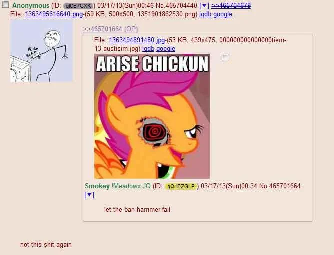 Original 4chan thread where the 'Arise Chickun' macro was posted, documenting the meme's spread on the site.