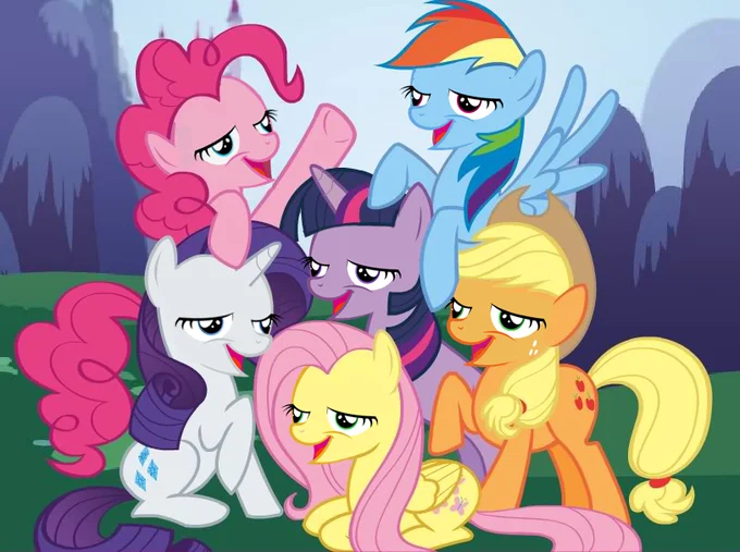 Fan art applying the chickun beak expression to the entire Mane Six cast of My Little Pony.