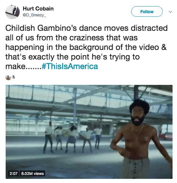 A Twitter user highlights the Jim Crow imagery referenced in Childish Gambino's 'This Is America' choreography.