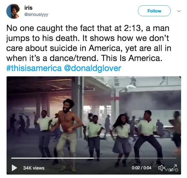 A viewer interprets the pale horse and trailing police cruiser as biblical Death-and-Hell imagery in 'This Is America.'