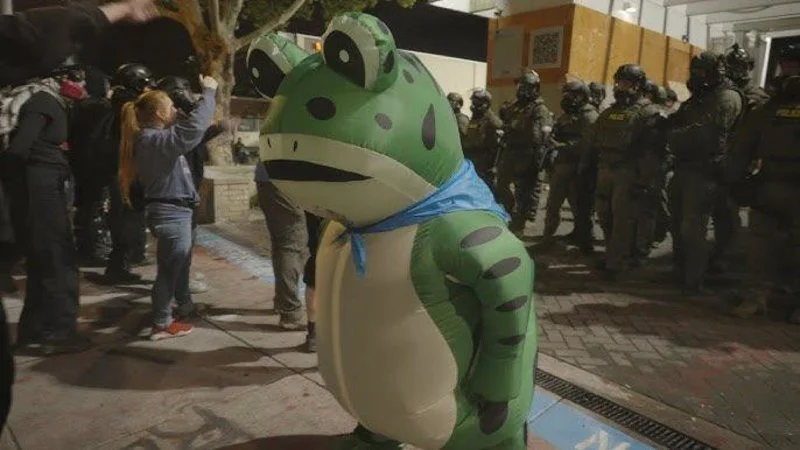 The Chinese frog mascot costume design appeared at protests in Portland, demonstrating the meme's spread to Western contexts.