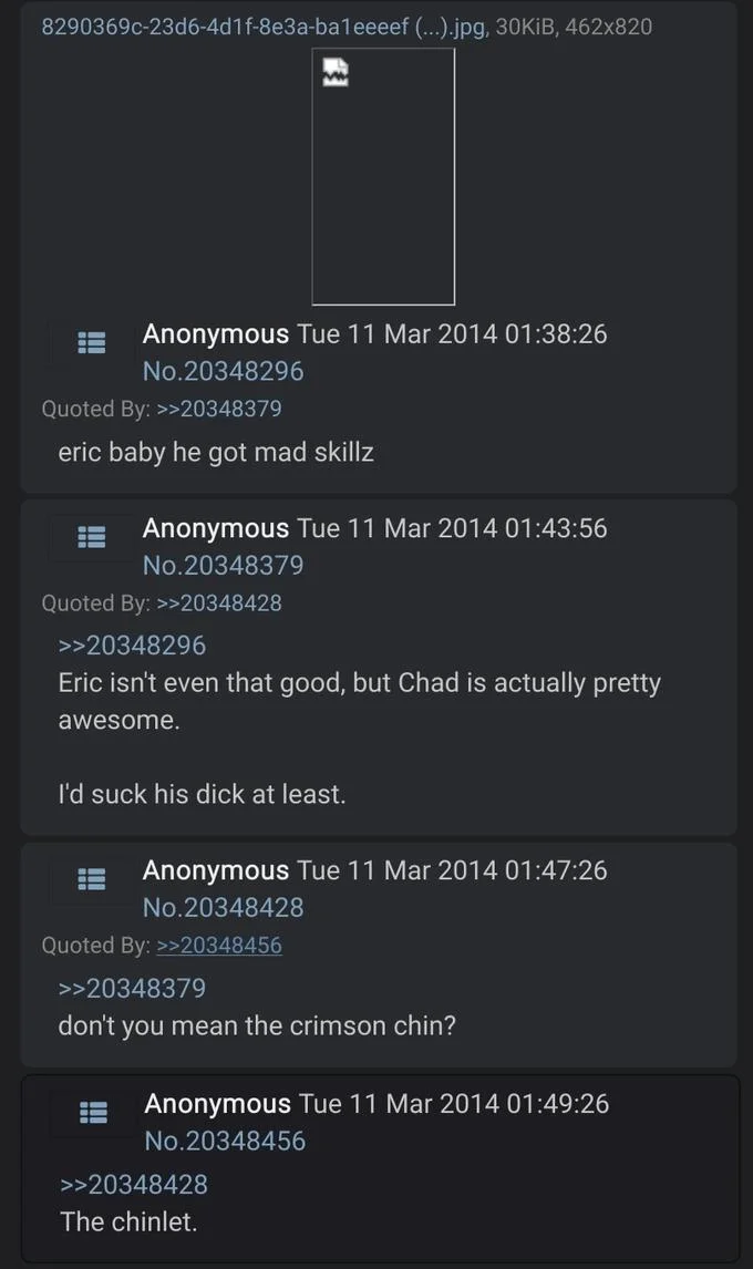 The March 11, 2014 4chan exchange widely credited as the origin of the term 'chinlet.'