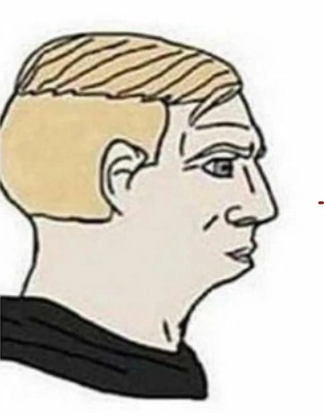 The canonical Wojak-style illustration of the chinlet, defined by a prominent brow and receded jawline.