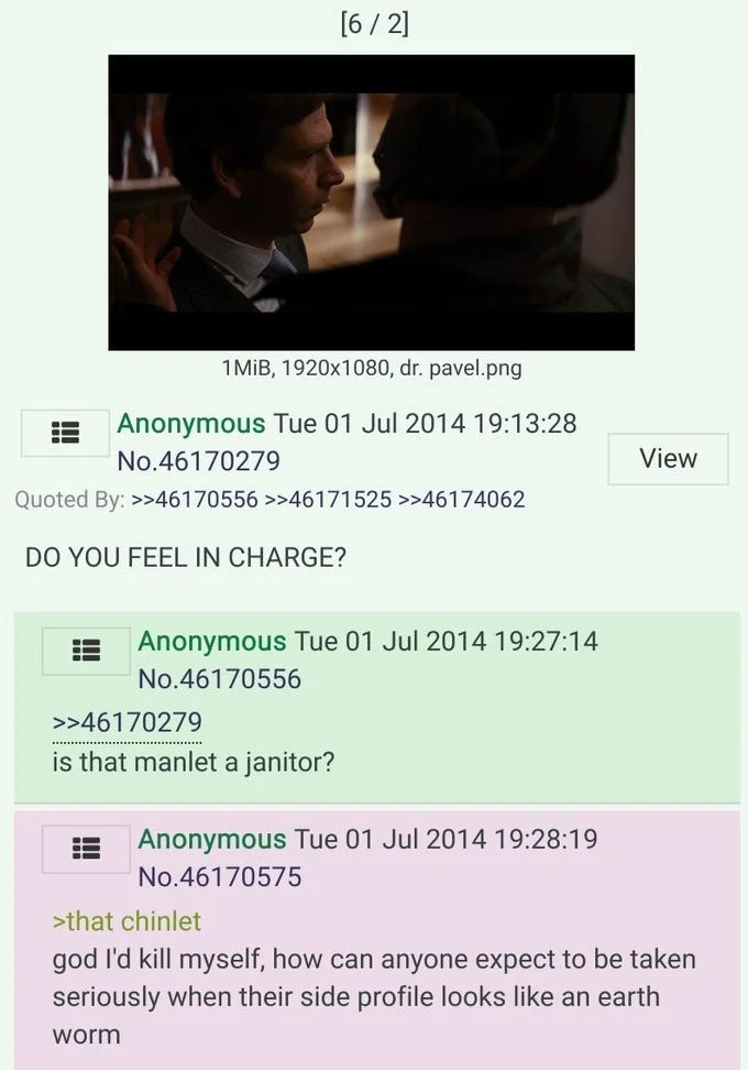 A 4chan thread using a Dr. Pavel screencap to illustrate the chinlet insult about weak side-profile jawlines.