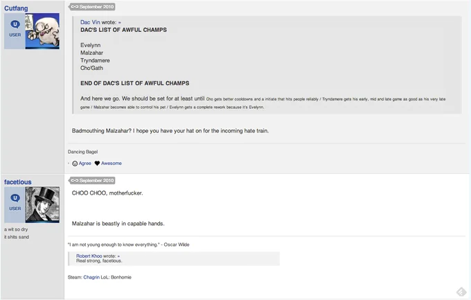 A 2010 League of Legends forum exchange showing the catchphrase used as a hate-train reaction.
