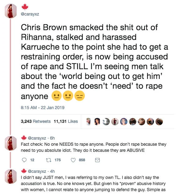 A viral 2019 tweet summarizing Chris Brown's history of controversies fueled online debate about his public defenders.