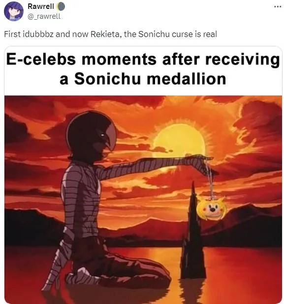 An edited Berserk anime screencap dramatizes the moment e-celebrities are 'cursed' upon receiving a Sonichu medallion.