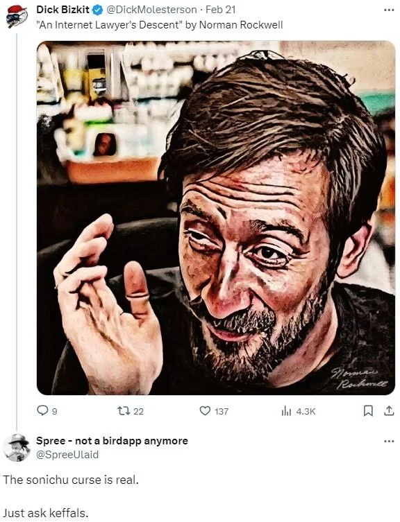 A tweet painting Nick Rekieta's downfall as a Norman Rockwell portrait, with a reply crediting the Sonichu medallion curse.