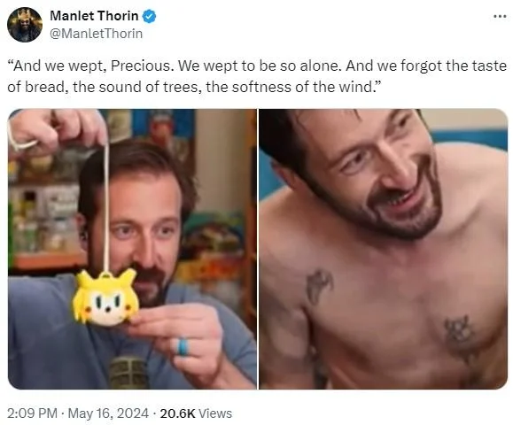 A tweet casts Nick Rekieta's physical decline as a Gollum-like transformation caused by the Sonichu medallion.