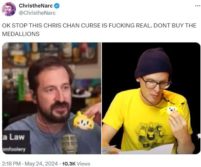 A tweet pairs Nick Rekieta and idubbbz as two e-celebrities supposedly stricken by the Chris-Chan Sonichu curse.