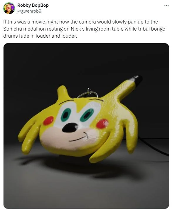 A staged photo of the Sonichu medallion imagined as the ominous object of a horror-movie reveal in Nick Rekieta's living room.