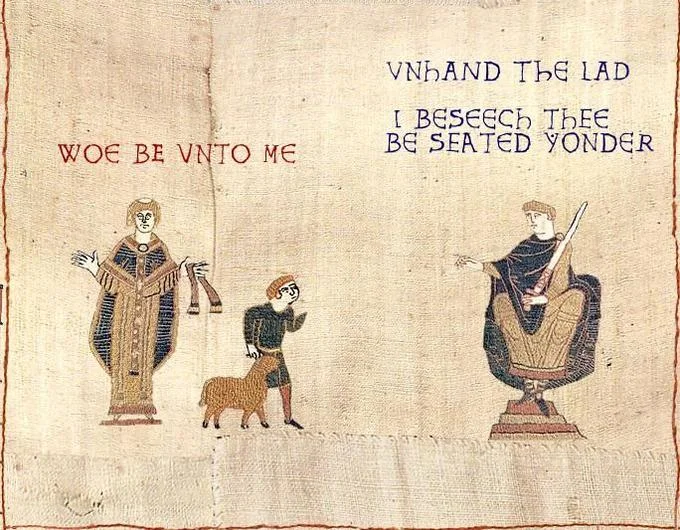 A Bayeux Tapestry parody reimagining Chris Hansen's famous confrontation in medieval English, a popular remix format of the meme.