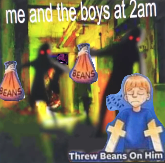 Derivative meme with bean throwing reference.